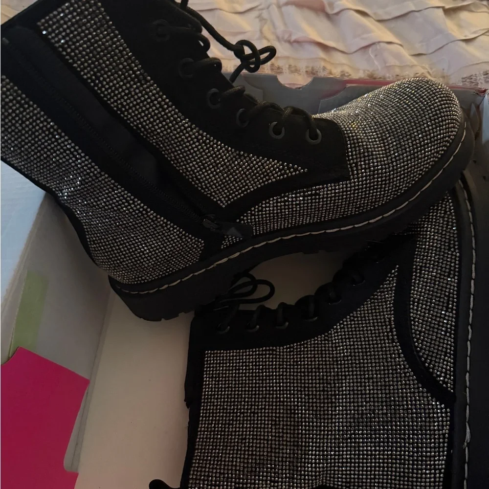Betsey Johnson Rhinestone Combat Boots - Black - Picture 2 of 5